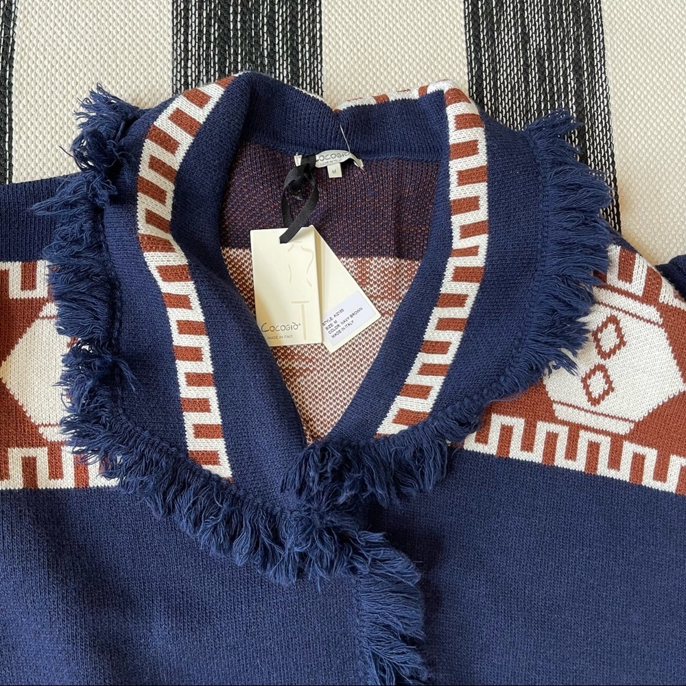 Cocogio Womens Navy Blue Aztec Print Fringe Wool Blend Long Cardigan New! - Picture 8 of 8